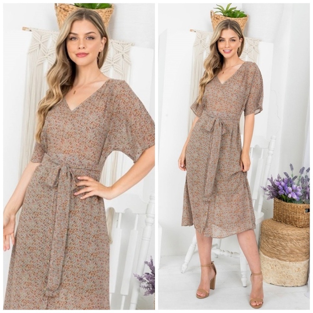 FLORAL PRINT FLOWY BOHO WOVEN MIDI DRESS